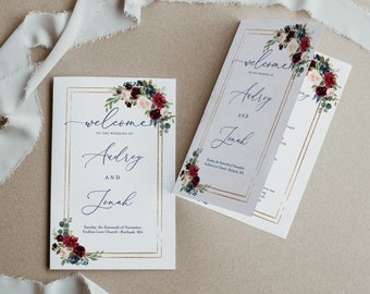 Modelo de programa de casamento com duas dobras florais em ouro marinho Borgonha, livreto de programa de casamento dobrado para impressão, programa de casamento editável, Corjl Daphne