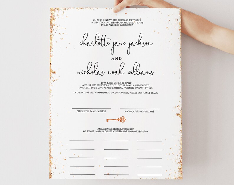 May include: A wedding sign with the names "Charlotte Jane Jackson" and "Nicholas Noah Williams" in elegant script. The sign includes the date, location, and a vow. The border has a gold speckled design.