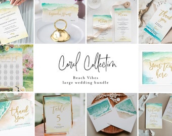 May include: A collection of beach-themed wedding stationery with watercolor designs. Includes invitations, menus, place cards, table numbers, and thank you tags. The text "Coral Collection" and "Beach Vibes" are visible.