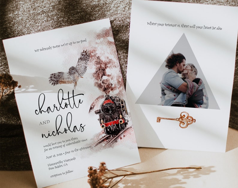 May include: Wedding invitation with a watercolor illustration of an owl, a steam train, and a quote: "We solemnly swear we're up to no good." The invitation is for Charlotte and Nicholas, and it includes the date, time, and location of the wedding.