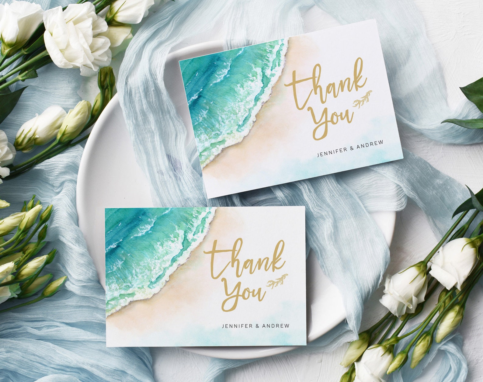 Printable Beach Wedding Thank You Card Template, Editable Flat and ...