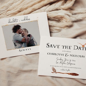 May include: Two wedding announcement cards. One card features a photo of a couple kissing, with the word "ALWAYS" below. The other card says "SAVE THE DATE" with the names "CHARLOTTE & NICHOLAS" and wedding details.