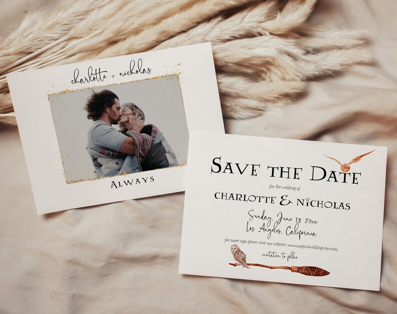 May include: Two wedding announcement cards. One card features a photo of a couple kissing, with the word "ALWAYS" below. The other card says "SAVE THE DATE" with the names "CHARLOTTE & NICHOLAS" and wedding details.