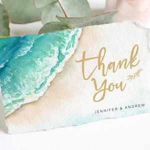 Druckbare Strand Hochzeit Dankeschön-Karte Vorlage, editierbare flache und gefaltete Dankeschön-Karte, Seashore Dankeschön-Hinweis, bearbeiten mit Corjl CORAL