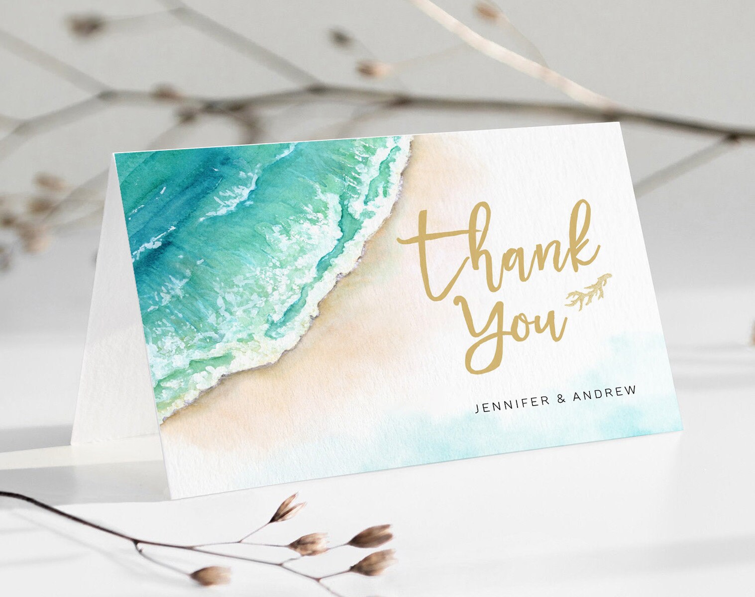 Printable Beach Wedding Thank You Card Template, Editable Flat and ...
