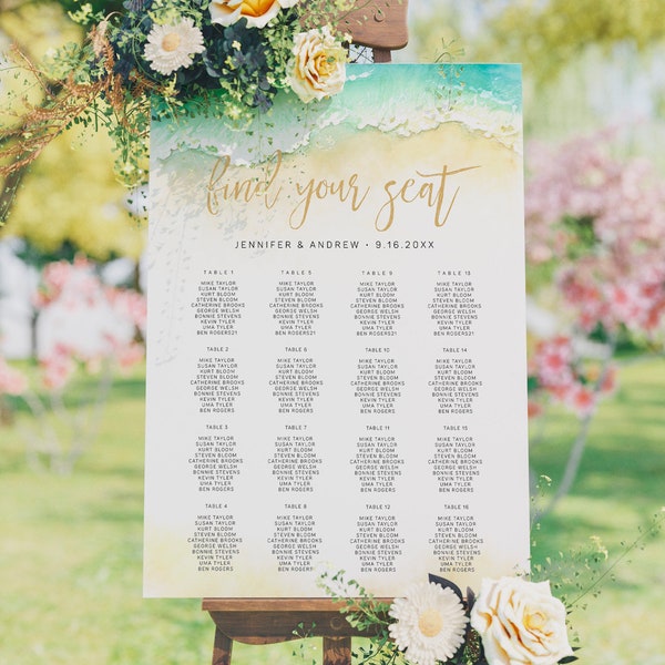 Beach Wedding Wedding Seashore Design Seating Chart Template, Plan de siège imprimable, Signe de mariage modifiable Corjl Instant Download Coral