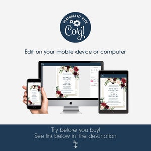 May include: A mockup of a wedding invitation template on a computer, tablet, and phone. The invitation features a floral design with burgundy, blush, and navy blue colors. The text on the invitation reads "Audrey Collins & Jonah Winters".