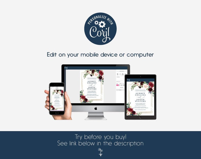 May include: A mockup of a wedding invitation template on a computer, tablet, and phone. The invitation features a floral design with burgundy, blush, and navy blue colors. The text on the invitation reads "Audrey Collins & Jonah Winters".