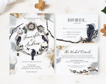 Halloween Wedding Invitation Template Suite, Spooky Invitation, Skulls Wreath Wedding Invitation Template, Gothic Wedding Invite MORTICIA