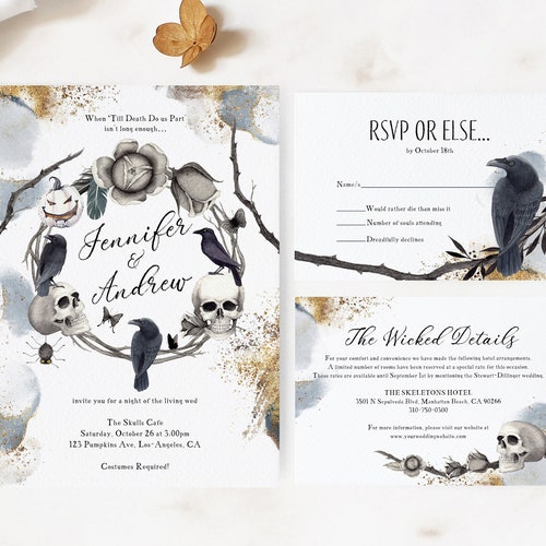 Halloween Wedding Invitation Template Suite, Spooky Invitation, Skulls Wreath Wedding Invitation Template, Gothic Wedding Invite MORTICIA