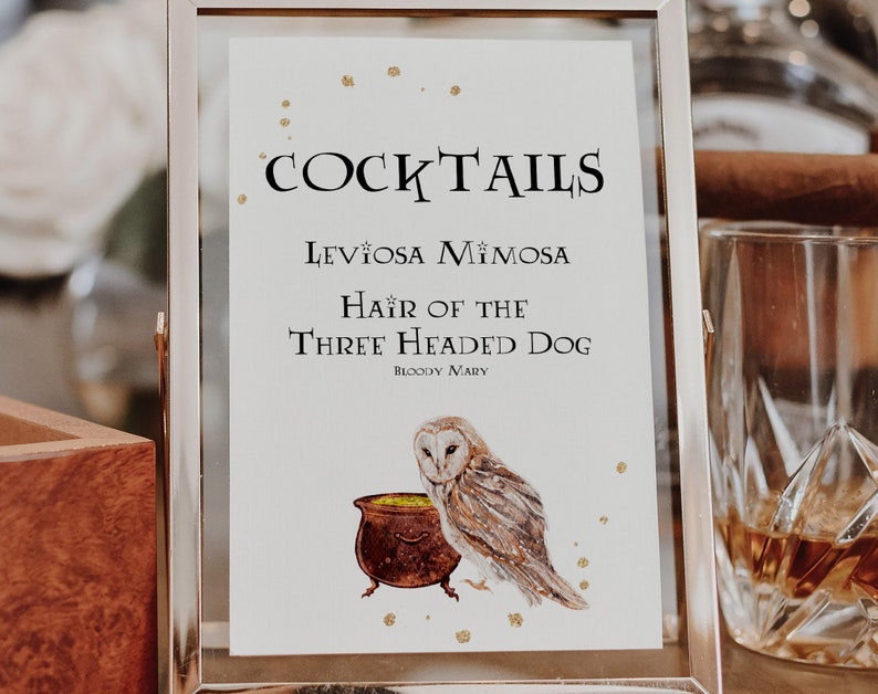 May include: A white sign with gold glitter accents in a silver frame lists cocktails with Harry Potter themed names: "LevioSA Mimosa", "Hair of the Three Headed Dog (Bloody Mary)". An illustration of an owl and a cauldron is below the text.