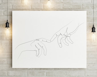 Touching Hands Printable, Touching Fingers Drawing, One Line Drawing Hands, Black White Hands Artwork, Minimalist Love Wall Art