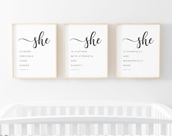 Bible Verse Printable Set of 3, Proverbs 3 15, Proverbs 31 25, Psalm 139 14, Girls Room Decor, Gift For Her, Instant Download