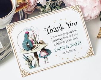 Alice in Wonderland Thank You Card Template, Editable Flat and Folded Thank You Card, Wonderland Wedding Thank You Insert, Corjl Alice