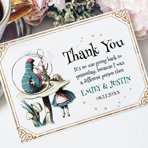 Alice in Wonderland Thank You Card Template, Editable Flat and Folded Thank You Card, Wonderland Wedding Thank You Insert, Corjl Alice