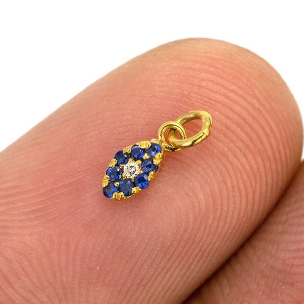 14k Gold Evil Eye Charm, Diamond & Sapphire Micro Pave 5x3mm, Protection Pendant