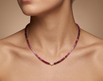 Shaded Ruby Beaded Necklace, Sterling Silver, Freshwater Pearl