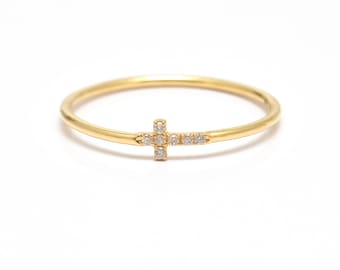 14K Solid Gold Diamond Cross Ring: Minimalist Stacking Band
