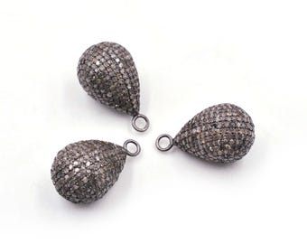 Perle en forme de larme sertie de diamants naturels (27 x 16 mm), breloque en argent pavé, apprêt pour bijoux ethniques antiques, 1 pièce