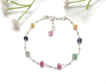 Sterling Silver Multi Sapphire Beaded Bracelet, Stacking Jewelry