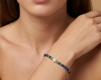 Saphir-Perlenarmband, Smaragd, Perle, 925er Sterlingsilber