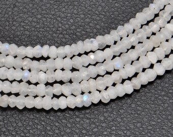 AAA+ White Rainbow Moonstone Faceted Rondelle Beads | 13-Inch Gemstone Strand | Sizes 3-3.5mm, 4mm, 5mm