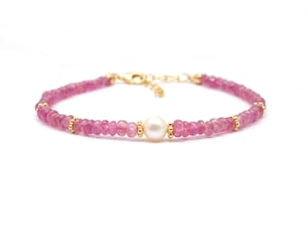 Natural Ruby Bracelet, Ruby Silver Jewelry, July Birthstone, sterling silver jewelry in Real Pearl Bracelet Gold Plated Valentine’s Day Gift