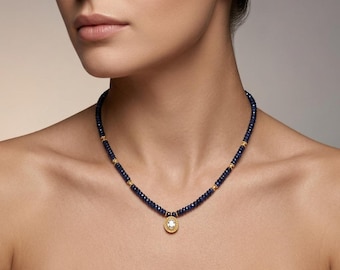 Rose Cut Diamond Blue Sapphire Necklace, 18k Gold Finish, Sterling Silver