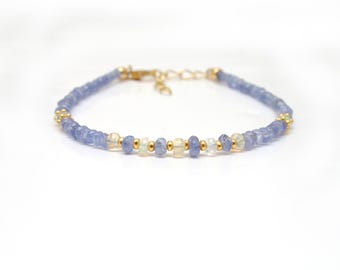Tanzanite Beaded Bracelet, Sterling Silver, Ethiopian Opal Accent