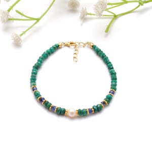 Emerald Sapphire Beads Bracelet, Emerald Rondelle Beads Jewelry, Handmade Women&#39;s Bracelet, Pearl Silver Jewelry