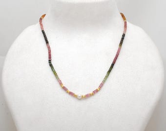 Multi Tourmaline Beaded Necklace, Freshwater Pearl, 18k Gold Plated