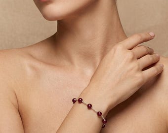 Pulsera delicada de plata de ley con rubí, joya de piedra natal de julio