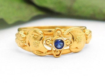 Vintage 18K Gold Ring – Dainty Blue Stone Band, Size 7