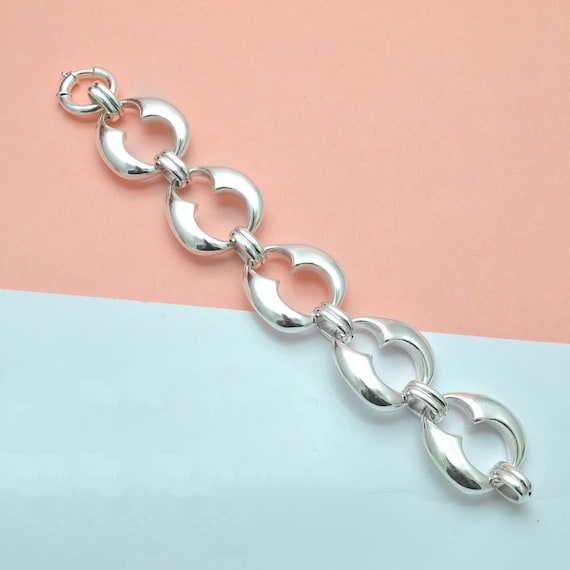 Chunky Sterling Silver Link Bracelet, Handmade Vintage Jewelry, 9