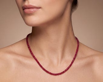Ruby Faceted Rondelle Necklace 18 | Gold Plated Sterling Silver Beaded Jewelry