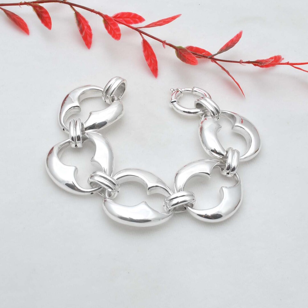 Chunky Sterling Silver Link Bracelet, Handmade Vintage Jewelry, 9