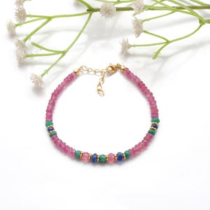 Ruby Emerald Sapphire Beaded Bracelet, Blue Sapphire Beads Silver Bracelet, Vermeil Sterling Silver Bracelet for Women