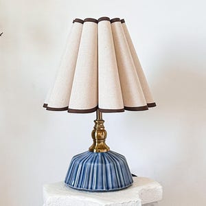 Handmade Classic Navy Ceramic Table Lamp 110-250V, Pleated Scallop Linen Brown Trim Petal Shade, Bedroom Living Room Kitchen Neutral Decor