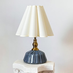 Handmade Classic Navy Ceramic Table Lamp 110-250V, Pleated Scallop Cream Tall Petal Shade Bedroom Living Room Kitchen Neutral Decor