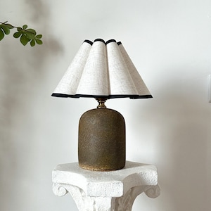 Handmade Vintage Ceramic Stoneware Table Lamp 110-240v, Linen Black Trim Petal Pleated Shade, Bedroom Living Room Kitchen Retro Cozy Decor