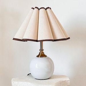 Handmade White Ceramic Small Tall Table Lamp 110-250V, Linen Fabric Plastic Scallop Petal Shade, Bedroom Kitchen Living Room Neutral Decor