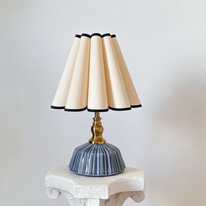 Handmade Classic Navy Ceramic Table Lamp 110-250V, Pleated Scallop Black Trim Tall Petal Shade, Bedroom Living Room Kitchen Neutral Decor