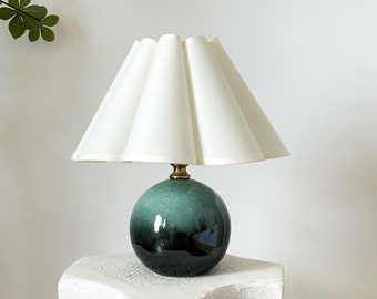 Handmade Green Glaze Ceramic Table Lamp 110-240V, Cream Pleated Petal Shade, Bedroom Living Room Kitchen Rustic Cozy Decor, Nightstand Lamp