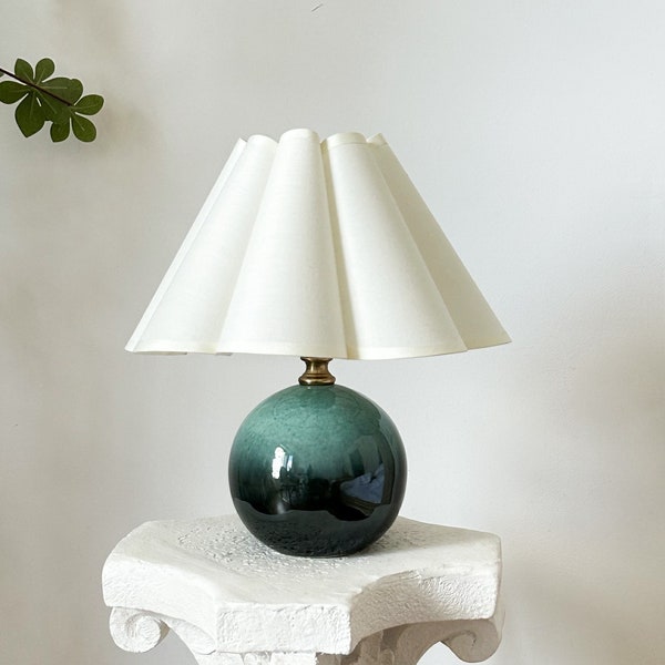 Handmade Green Glaze Ceramic Table Lamp 110-240V, Cream Pleated Petal Shade, Bedroom Living Room Kitchen Rustic Cozy Decor, Nightstand Lamp