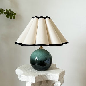 Handmade Green Glaze Ceramic Table Lamp, Durable Base 110-240V Black Trim Pleated Petal Shade Bedroom Living Room Kitchen Rustic Cozy Decor