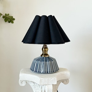 Classic Stripe Ceramic Table Lamp, 110-240v Sturdy Base Black Fabric Petal Pleated Shades, Bedroom Living Room Kitchen Rustic Cozy Decor