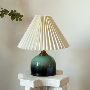 Handmade Ceramic Table Lamp, Jewel Toned Durable Base 110-240V, Fabric Pleated Shade For Bedroom Living Room Kitchen Rustic Cozy Decor