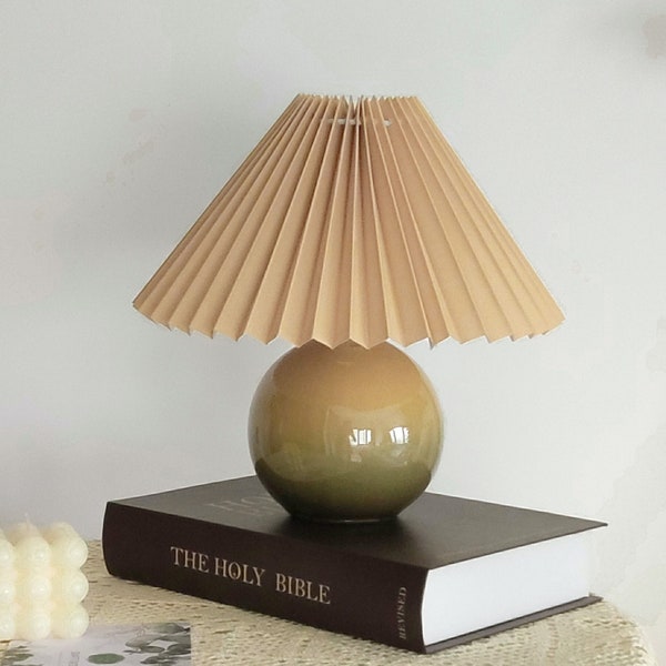 Ceramic Small Brown Table Lamp, Fabric Shade 110-240V, For Bedroom Living Room Kitchen Rustic Coz Art Decorative Nightstand Little Desk Lamp