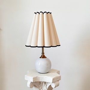 Handmade White Round Ceramic Table Lamp 110-250V, Taller Black Trim Fabric Flower Pleated Shade, For Bedroom Kitchen Living Room Retro Decor