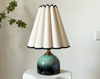 Jewel Toned Ceramic Table Lamp, Handmade High Style Pleated Petal Shade, Durable Base 110-240V Bedroom Living Room Kitchen Rustic Cozy Decor